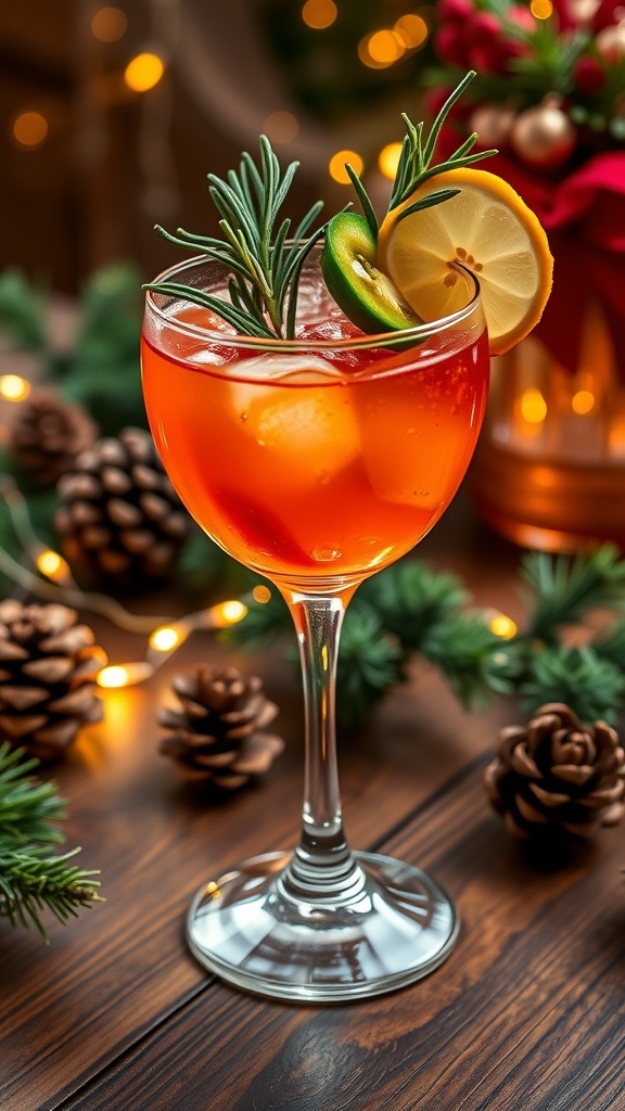 A mezcal cocktail garnished with rosemary and jalapeño, surrounded by Christmas decorations.